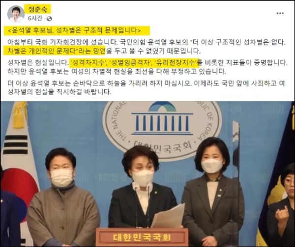 성차별은 구조적 문제라는 민주당 정춘숙 의원. 역시 구조의 실체는 제시하지 못한다.(출처 정춘숙 페이스북)