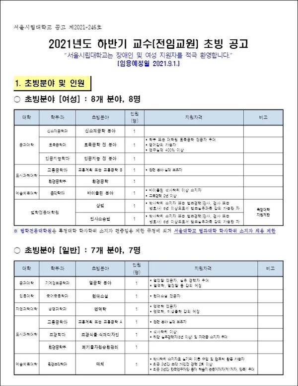 국립대 여성교원 25% 강제할당조치 후 서울시립대의 교원초빙공고. 초빙분야를 여성으로 제한하고 있다.